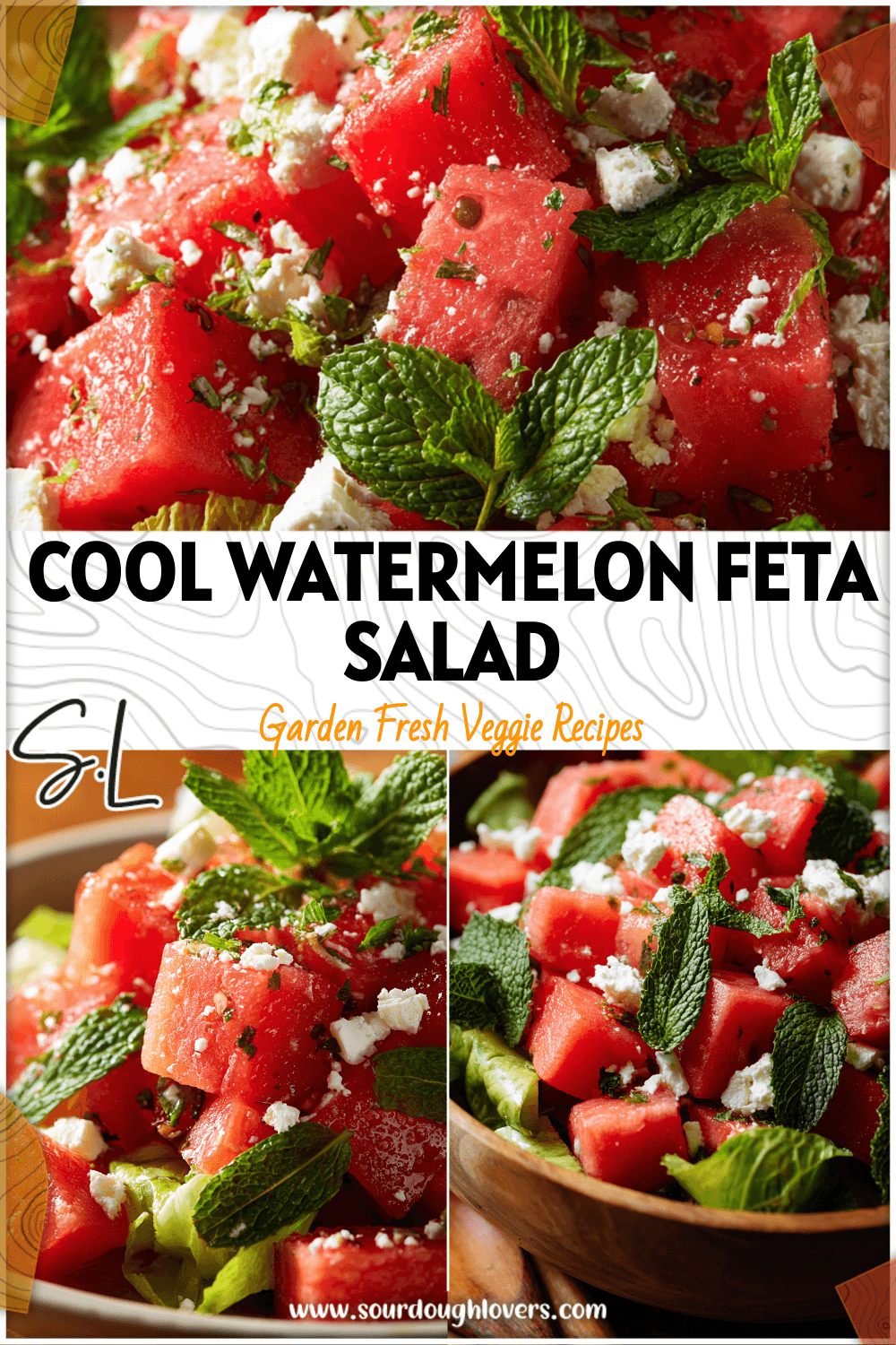 Bowl of Watermelon Feta Salad with mint leaves and lettuce, a colorful Healthy Watermelon Salad perfect for summer.